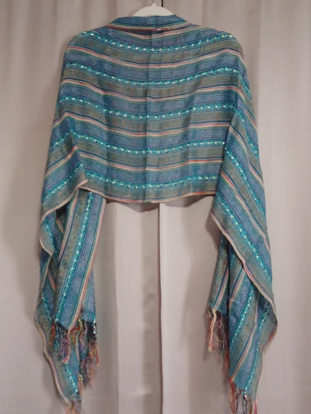 Boho Striped Fringe Scarf Shawl Wrap 72×20 Textured Open Knit Blue Pink Sparkle